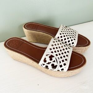 Tory Burch White Cutout Leather Espadrille Wedge Platform Sandals